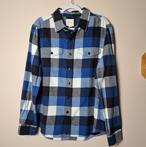 NWT American Eagle Outfitters Men's Flannel Plaid Blue Shirt Sz Large - Picture 1 of 11